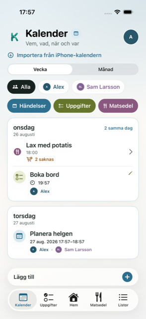 Knytrs Kalender-vy med filter för händelser, uppgifter och matsedel samt färgkodade familjemedlemmar