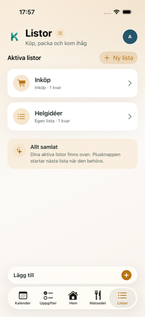 Knytrs Listor-vy med aktiva listor som Inköp och Helgidéer