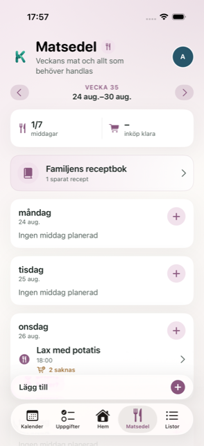 Knytrs Matsedel-vy med veckoöversikt, andel planerade middagar och familjens receptbok