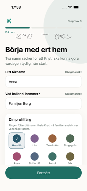 Onboarding steg 1 av 3: namn, hushåll och val av profilfärg